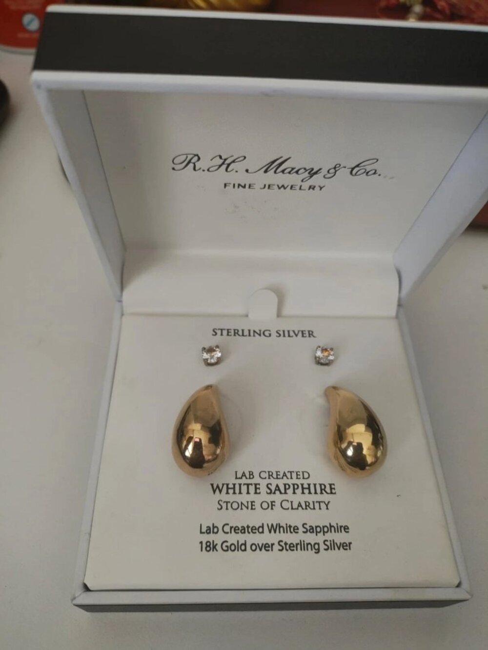 R.H. Macy & Co Lab Grown White Sapphire Stud Earrings Set 14K GP Sterling Silver